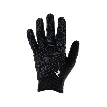 A pair of black cold weather gloves featuring a geometric pattern.