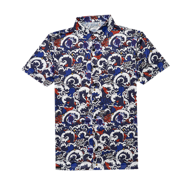Short-sleeve button up shirt with a blue, red, and white pattern on a white background