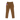 A pair of brown slim-fit pants shown from the back, featuring a small black brand tag on the upper right side and a colorful product tag on the left side, set against a plain white background.