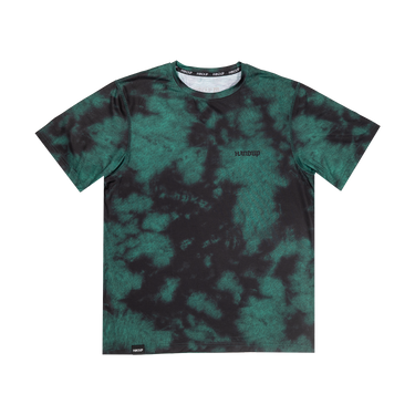 Green and black tie-dye t-shirt with a brand logo on a white background