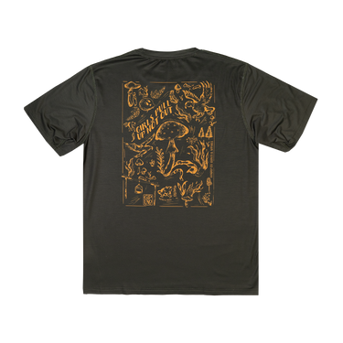 Black t-shirt with gold graphic design on the back against a white background