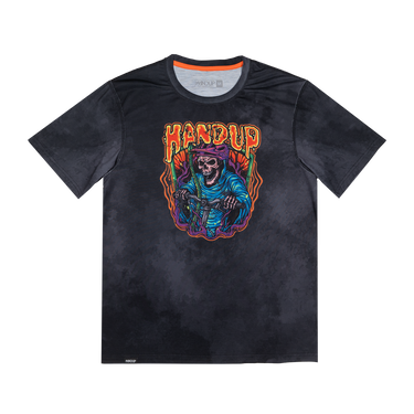 Black t-shirt with colorful graphic design and 'Handup' text on a white background
