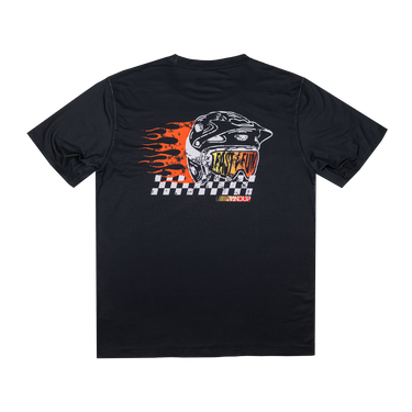 Black t-shirt with a graphic design of a helmet and flames on the back, on a white background.