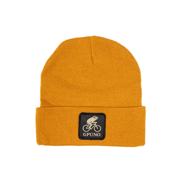 Yellow beanie with a black patch featuring a logo and text on a white background