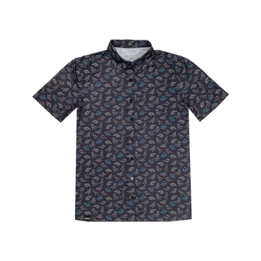 button up shirt with a dinosaur and UFO pattern on dark blue fabric with a white background