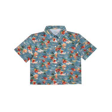 Short-sleeve shirt with floral pattern on a white background