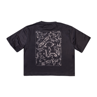 Black t-shirt with white graphic design on a white background