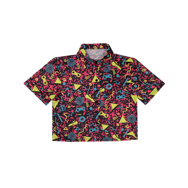button up shirt with a pink, yellow and blue geometric pattern on a white background