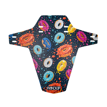 Product with colorful donut pattern on a dark background, featuring the brand 'Handup'.