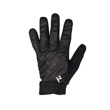 A single black winter glove with a textured pattern on the back and a small white stylized 'H' logo near the cuff, shown against a plain white background.