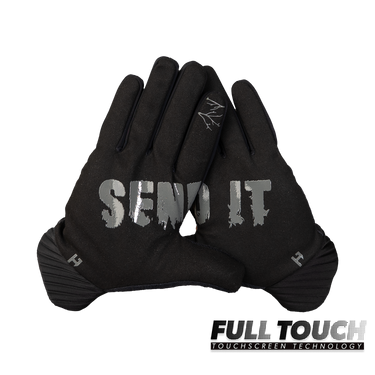 A pair of black touchscreen gloves with 'SEND IT' printed in distressed gray letters across the backs, displayed against a solid white background. A 'FULL TOUCH' brand logo is visible in the bottom right corner.
