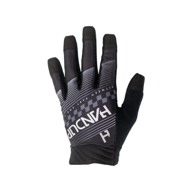 Black glove with white 'Handup' branding and checkered detail on a white background