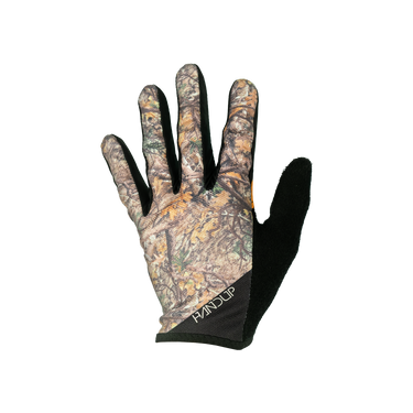 A single camouflage hunting glove with black palms and fingers, shown against a plain white background. The brand name 'PNDUP' is printed in white on the black cuff.