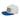 White and blue cap with colorful text and branding on a white background