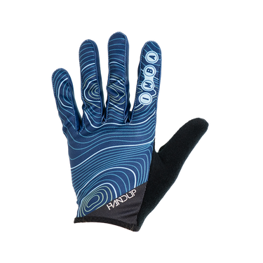 blue cycling glove with white topo design and IMBA logo