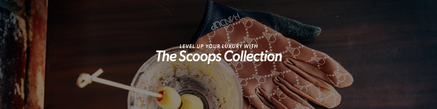 Scoops Collection advertisement with ice cream scoop and text overlay on a dark background
