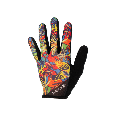 Colorful glove with a tropical leaf pattern on a white background