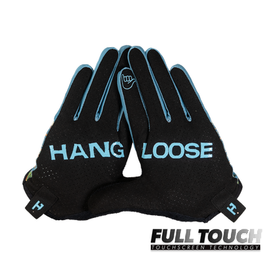 Black gloves with blue text 'HANG LOOSE' on a white background