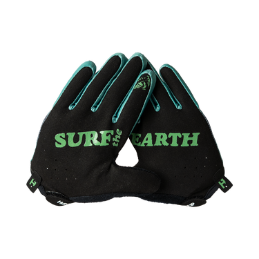 A pair of black cycling gloves with green accents, featuring the text 'SURF the EARTH' printed on the back of the hands, set against a plain white background.