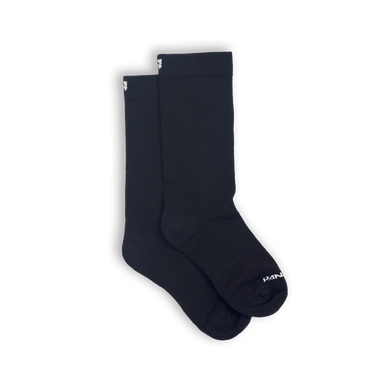 A pair of black socks with a visible white logo on the side.