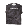 Black tie-dye long-sleeve shirt with 'HANDUP' text on a white background