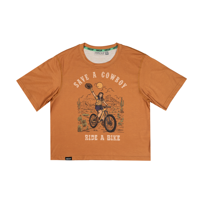 Orange t-shirt with graphic design and text on a white background