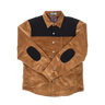 A long-sleeve button-up shirt in brown corduroy with a black yoke panel across the chest, black elbow patches, and silver snap buttons, shown flat against a white background.