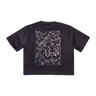 Black t-shirt with white graphic design on a white background
