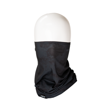 A black neck gaiter with a subtle tonal pattern, displayed on a white mannequin head against a solid white background.