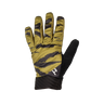 A single athletic glove shown flat against a solid white background. The glove features a metallic olive-gold back with a black geometric pixelated pattern across the fingers and back, and a solid black palm side.