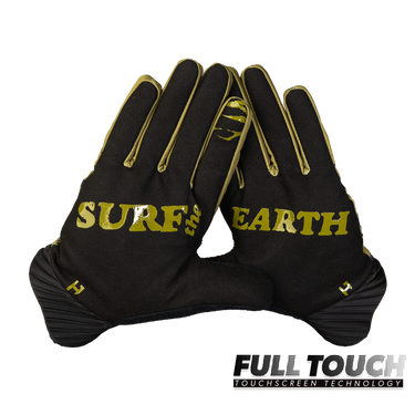 A pair of black full-finger gloves with gold trim and 'SURFS EARTH' printed in gold across the backs, shown against a plain white background with a 'FULL TOUCH TOUCHSCREEN TECHNOLOGY' logo in the bottom right corner.