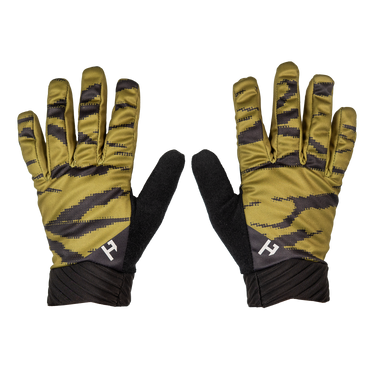 A pair of winter gloves shown flat against a white background. The gloves feature a metallic olive green and black digital camouflage pattern on the backs, solid black palms, and black ribbed cuffs.