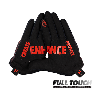 Black gloves with red text 'CREATE', 'ENHANCE', 'PROTECT' on a white background