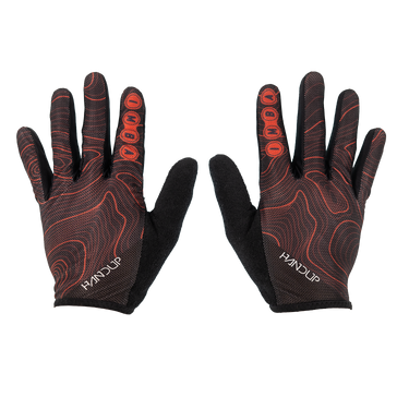Pair of black and red gloves with 'Handup' branding on a white background