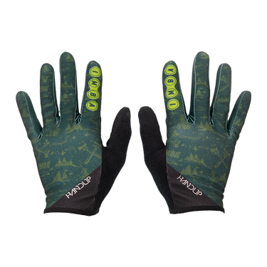 A pair of HANDUP brand work gloves shown flat against a white background. The gloves feature a dark green and black camouflage pattern on the back, black palms, and bright neon yellow grip dots on the fingers.