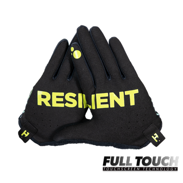 Black gloves with yellow text 'RESILIENT' on a white background, featuring Full Touch touchscreen technology.