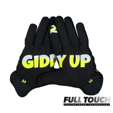 Black gloves with 'Giddy Up' text on a white background