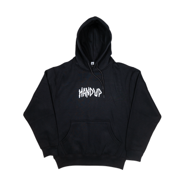 Black hoodie with 'HANDUP' text on a white background