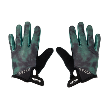 A pair of HANDUP brand work gloves with a dark green and black camouflage pattern on the backs and solid black palms, shown against a plain white background.